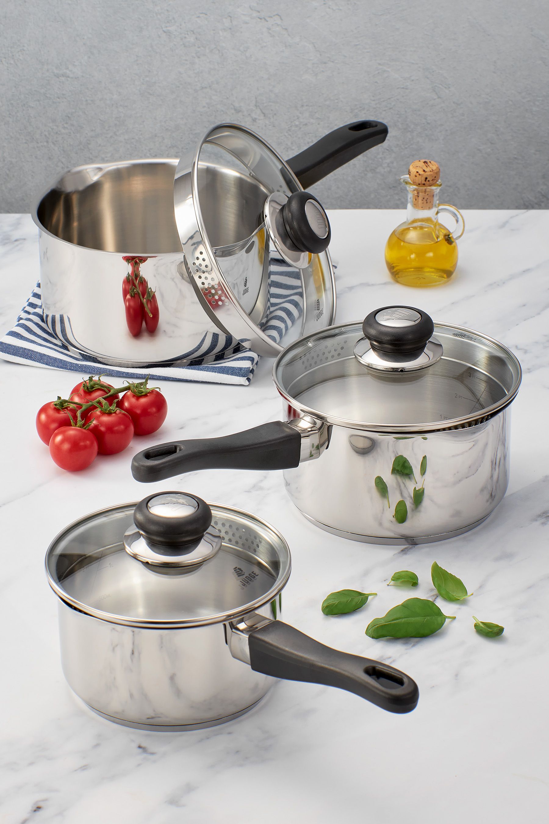 Judge 3 Piece Silver Vista Draining Saucepan Set