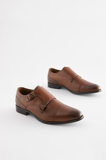 Tan Brown Leather Double Monk Shoes