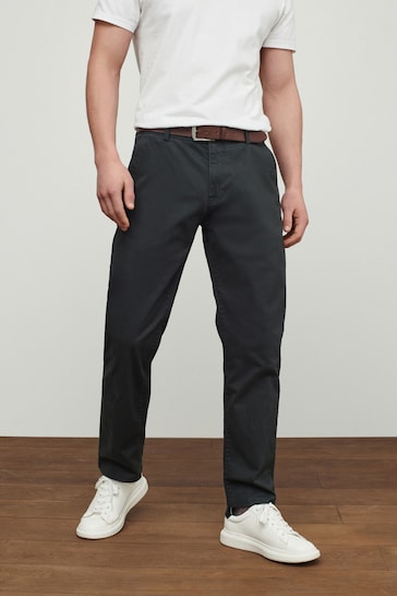 Charcoal Grey Straight Fit Belted Soft Touch Chino Trousers