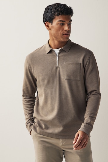 Neutral Textured Long Sleeve Polo Shirt