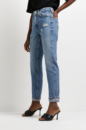 River Island Blue High Rise Turn Up Mom Jeans