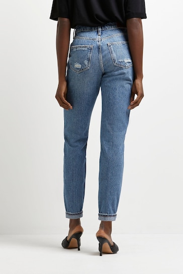 River Island Blue High Rise Turn Up Mom Jeans