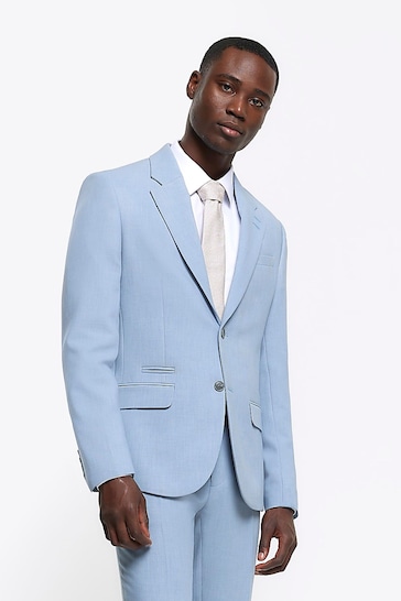 River Island Blue Single Breasted Textured Suit Jacket