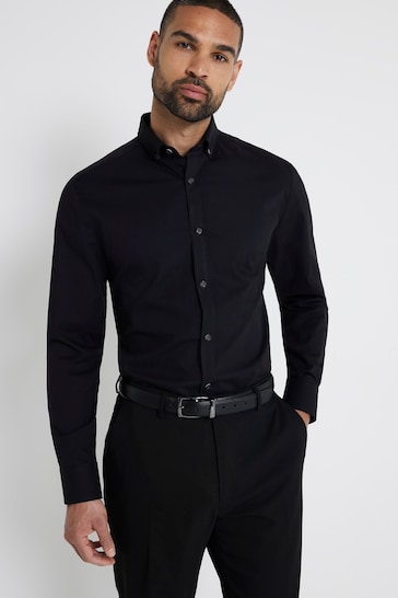 River Island Black Muscle Fit Long Sleeve Textured Shirt
