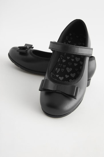 Black Wide Fit (G) School Leather Bow Mary Jane Shoes