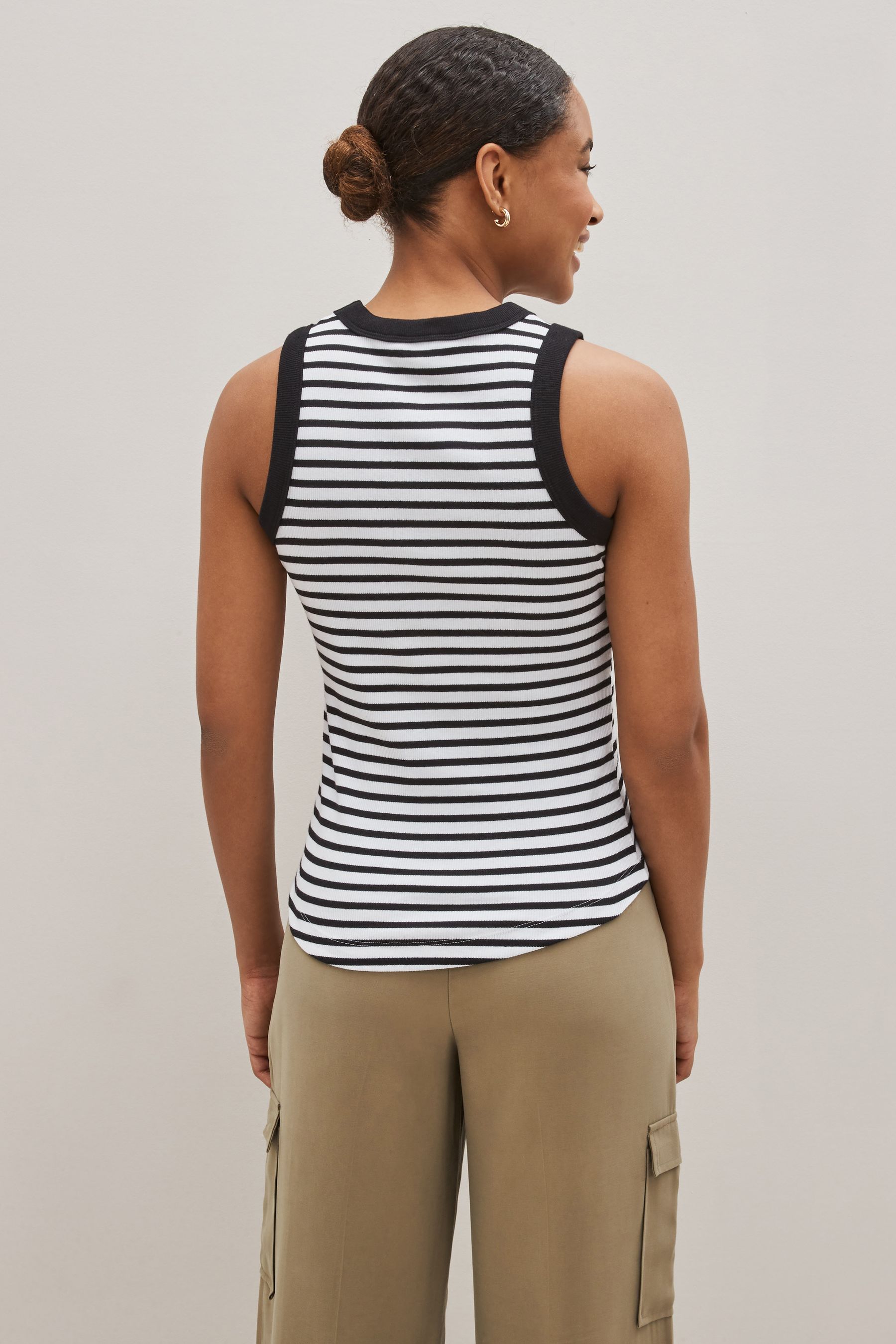 Black White Stripe Ribbed Racer Tank Vest Sleeveless Top