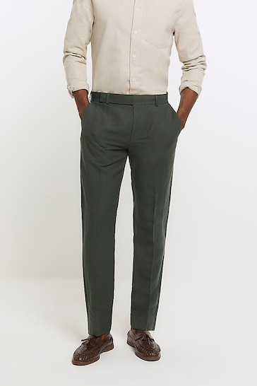 River Island Green Slim Fit Linen Suit: Trousers