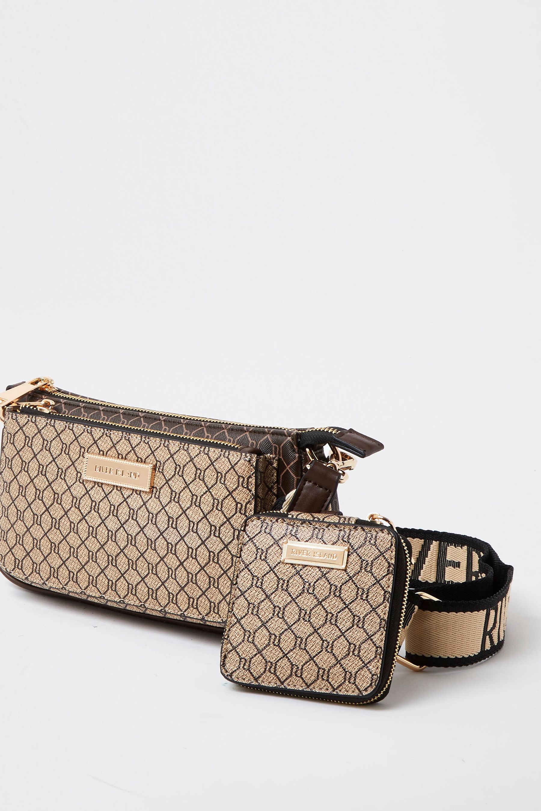 Buy River Island Brown Monogram Double Pouchette Bag from the Next