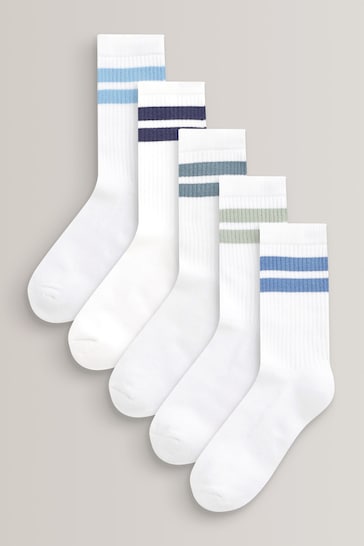 White/Blue 5 Pack Cushioned Footbed Cotton Rich Ribbed Socks