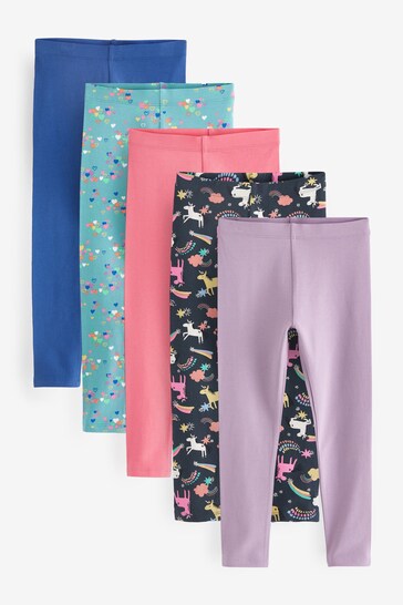 Navy Blue/Rainbow Unicorn/Pink/Heart Print Leggings 5 Pack (3-16yrs)