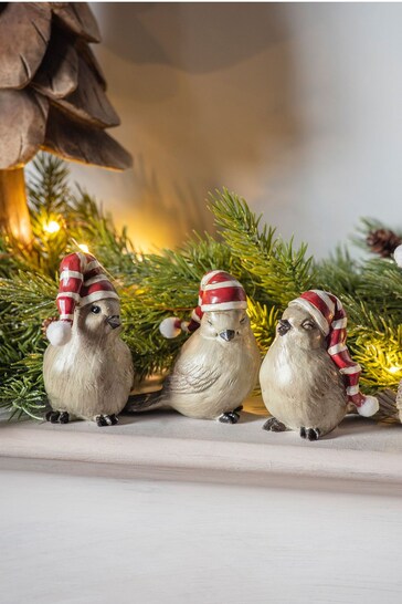 Gallery Home Set of 4 Natural Birds With Stripey Christmas Hats