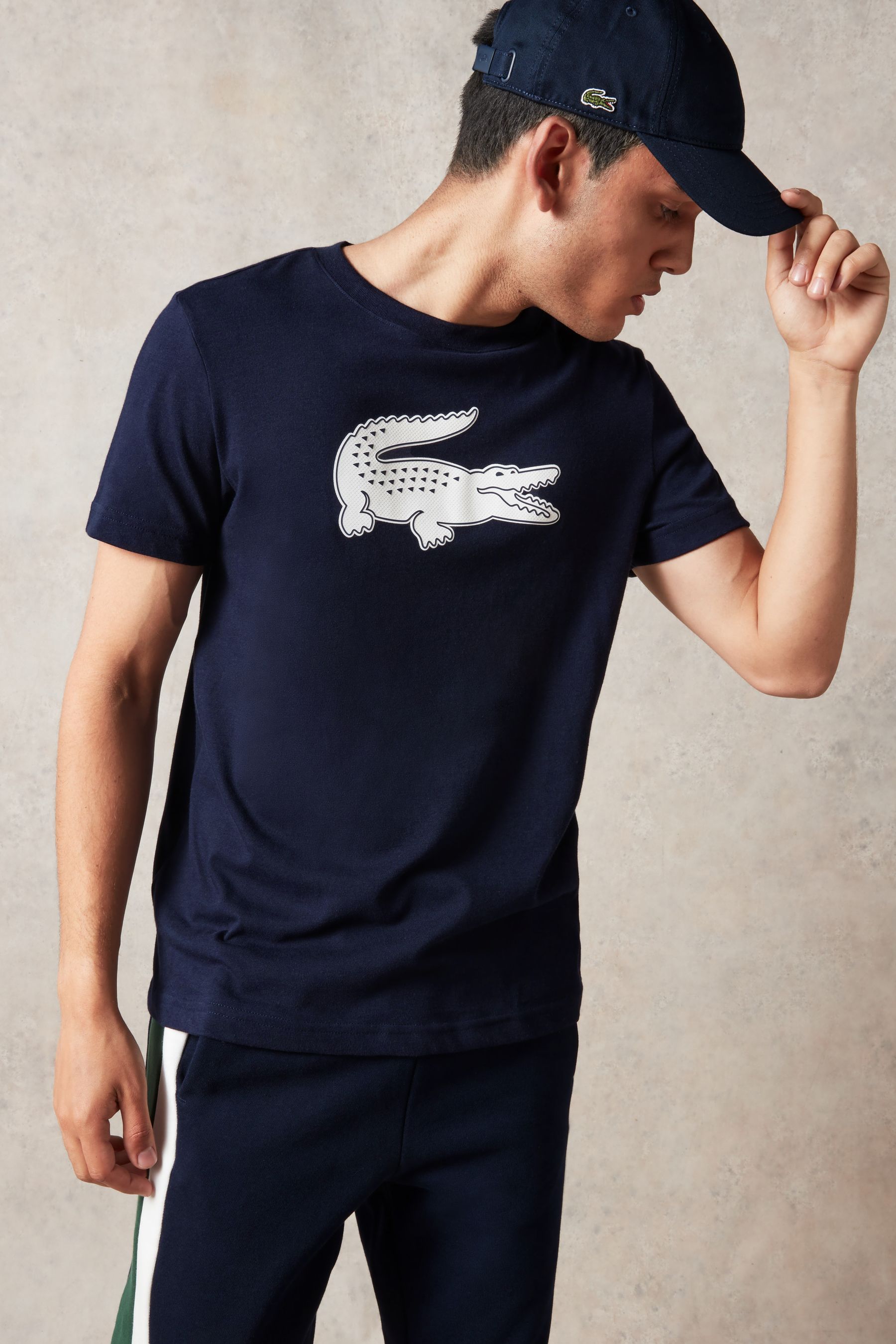 Buy Lacoste Dark Blue 3D Croc Effect Large Logo T Shirt from the
