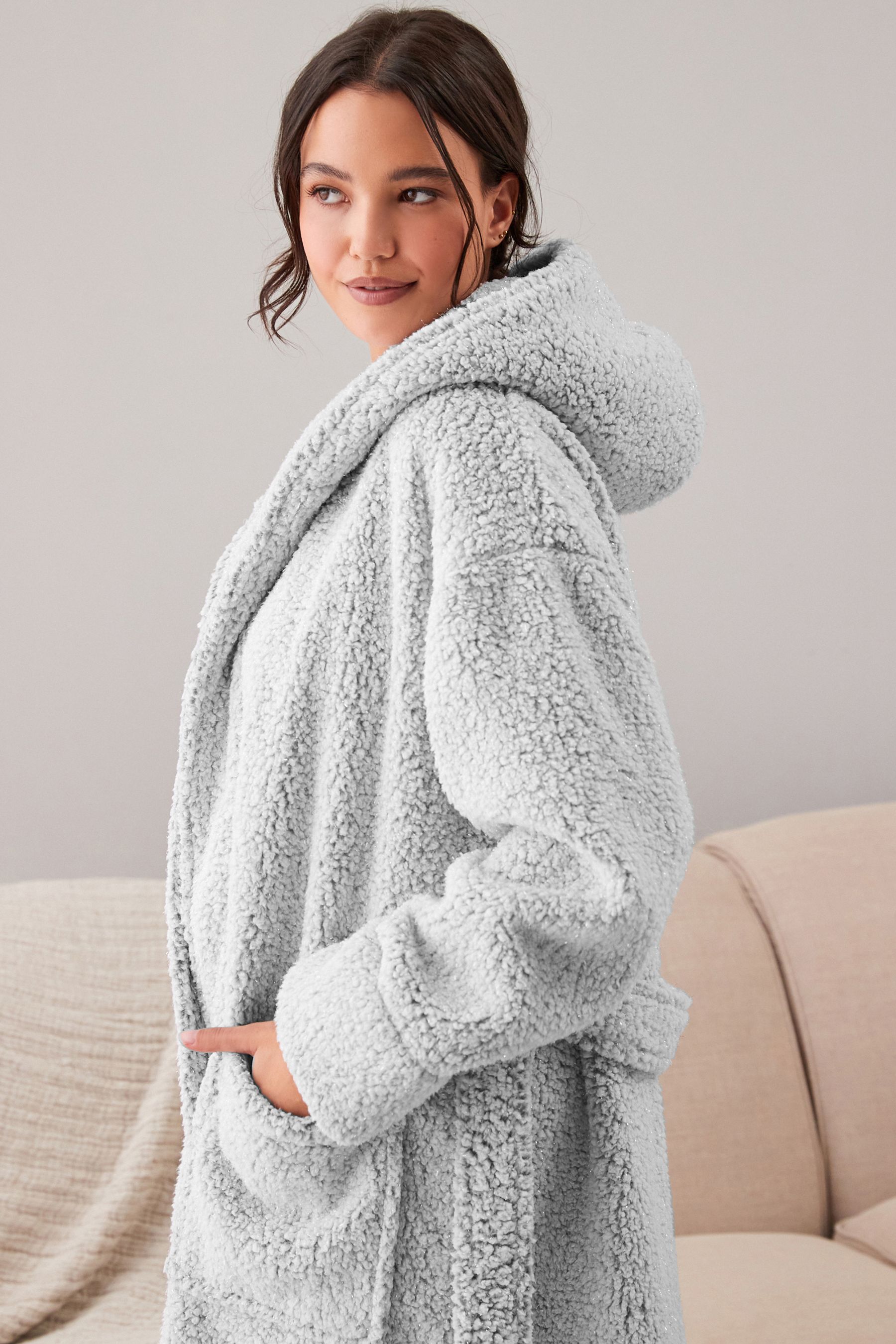 Buy Grey Short Teddy Borg Fleece Dressing Gown from the Next UK