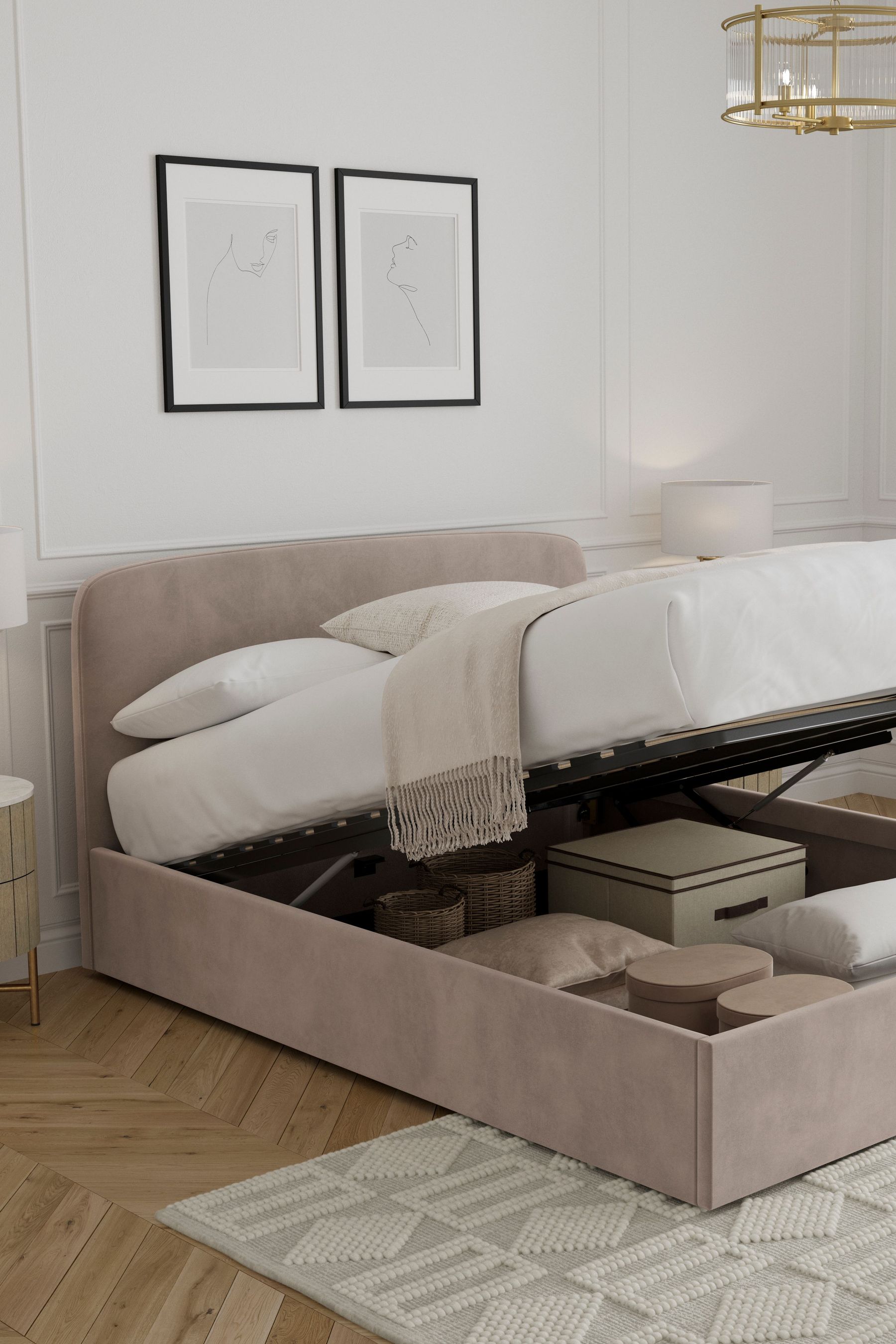 Opulent Velvet Natural Pebble Matson Upholstered Ottoman Storage Bed Frame