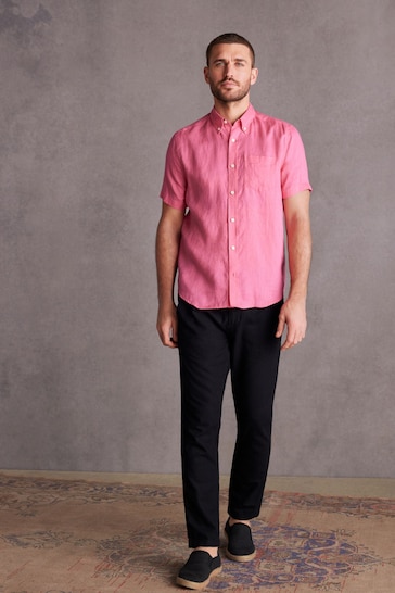 Pink Standard Collar Signature 100% Linen Short Sleeve Shirt