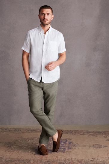 White Standard Collar Signature 100% Linen Short Sleeve Shirt