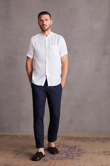 White Grandad Collar Signature 100% Linen Short Sleeve Shirt