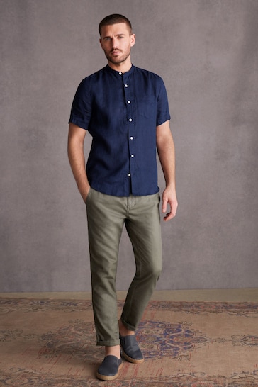 Navy Blue Grandad Collar Signature 100% Linen Short Sleeve Shirt