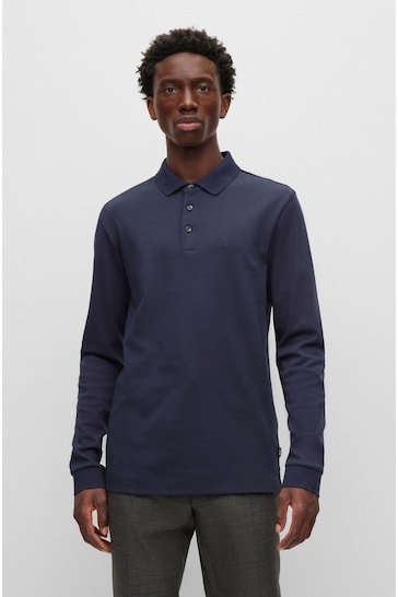 BOSS Blue Pado Tonal Branded Long Sleeve Polo Shirt