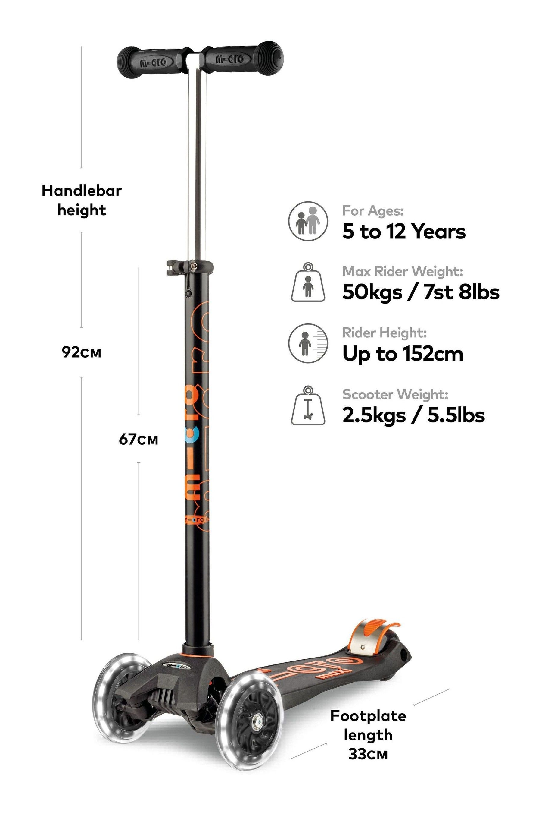 Micro Scooters Black Maxi LED Three Wheel Scooter