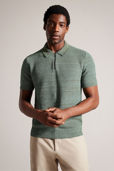 Ted Baker Green Blossam Regular Textured Zip Polo Shirt