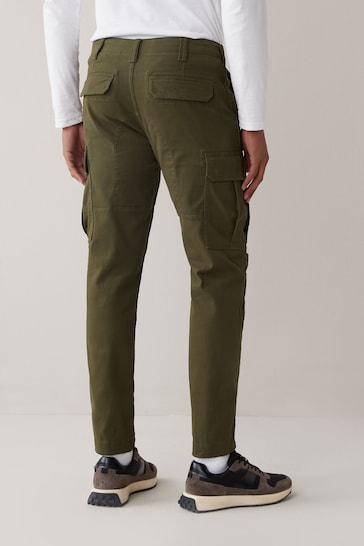Khaki Green Slim Fit Cotton Stretch Cargo Trousers