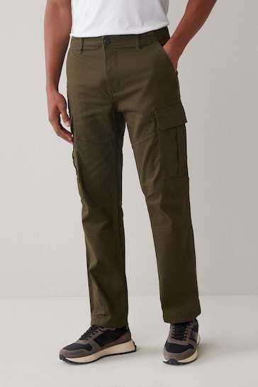 Khaki Green Straight Fit Cotton Stretch Cargo Trousers