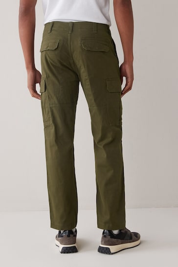 Khaki Green Straight Fit Cotton Stretch Cargo Trousers