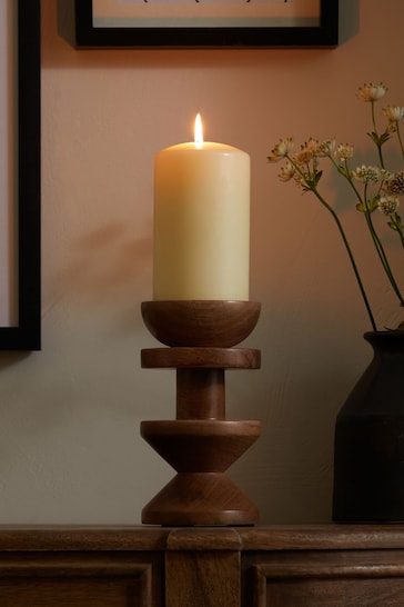 Natural Carved Wood Pillar Candle Holder
