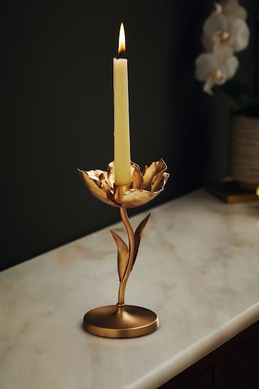 Gold Metal Flower Taper Candle Holder