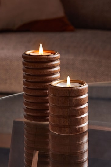 Set of 2 Natural Carved Wood Tealight Candle Holders