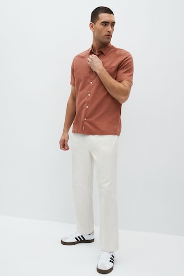 Brown Standard Collar Linen Blend Short Sleeve Shirt