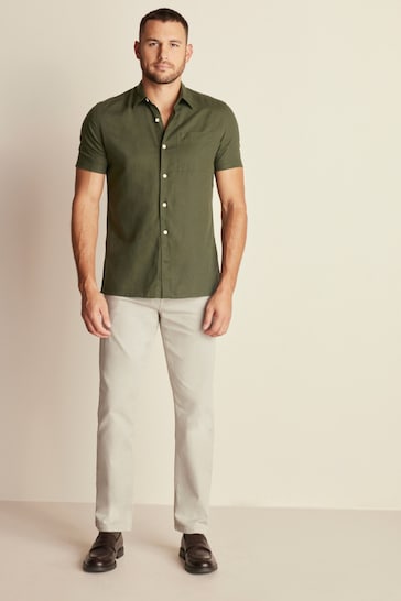 Dark Green Standard Collar Linen Blend Short Sleeve Shirt