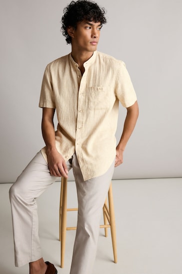 Neutral Grandad Collar Linen Blend Short Sleeve Shirt