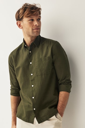 Green Linen Blend Long Sleeve Shirt