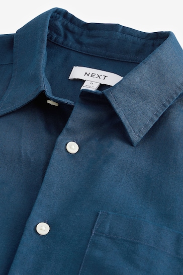 Navy Standard Collar Linen Blend Short Sleeve Shirt