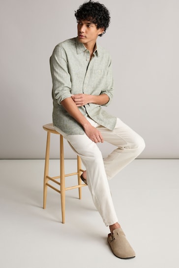 Green Standard Collar Linen Blend Long Sleeve Shirt