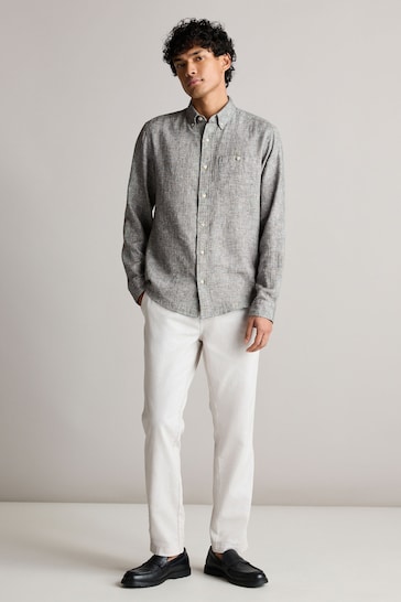 Grey Standard Collar Linen Blend Long Sleeve Shirt
