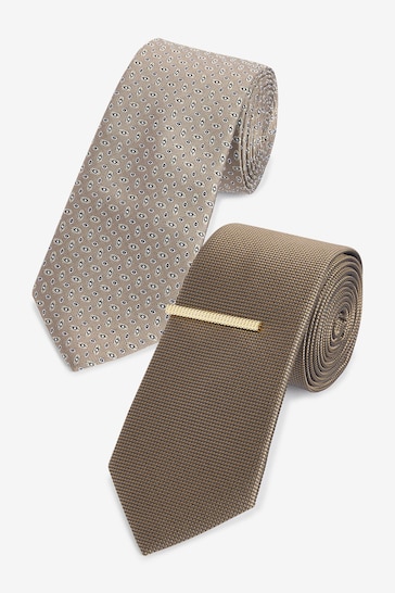 Neutral Brown Textured Tie With Tie Clip 2 Pack