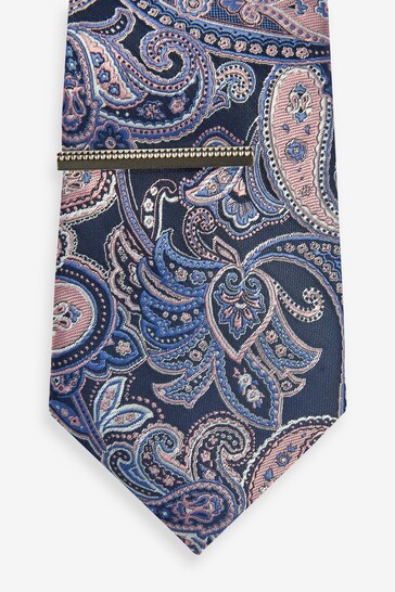 Blue Navy/Pink Paisley Pattern Tie And Tie Clip