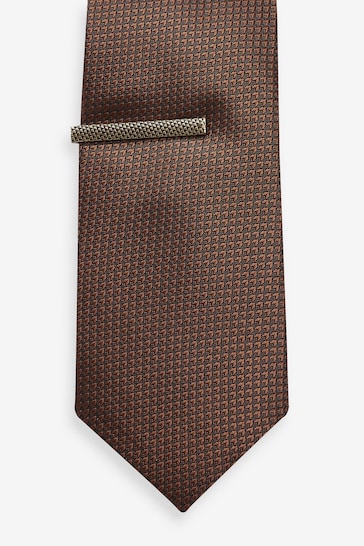 Brown Slim Textured Tie And Clip
