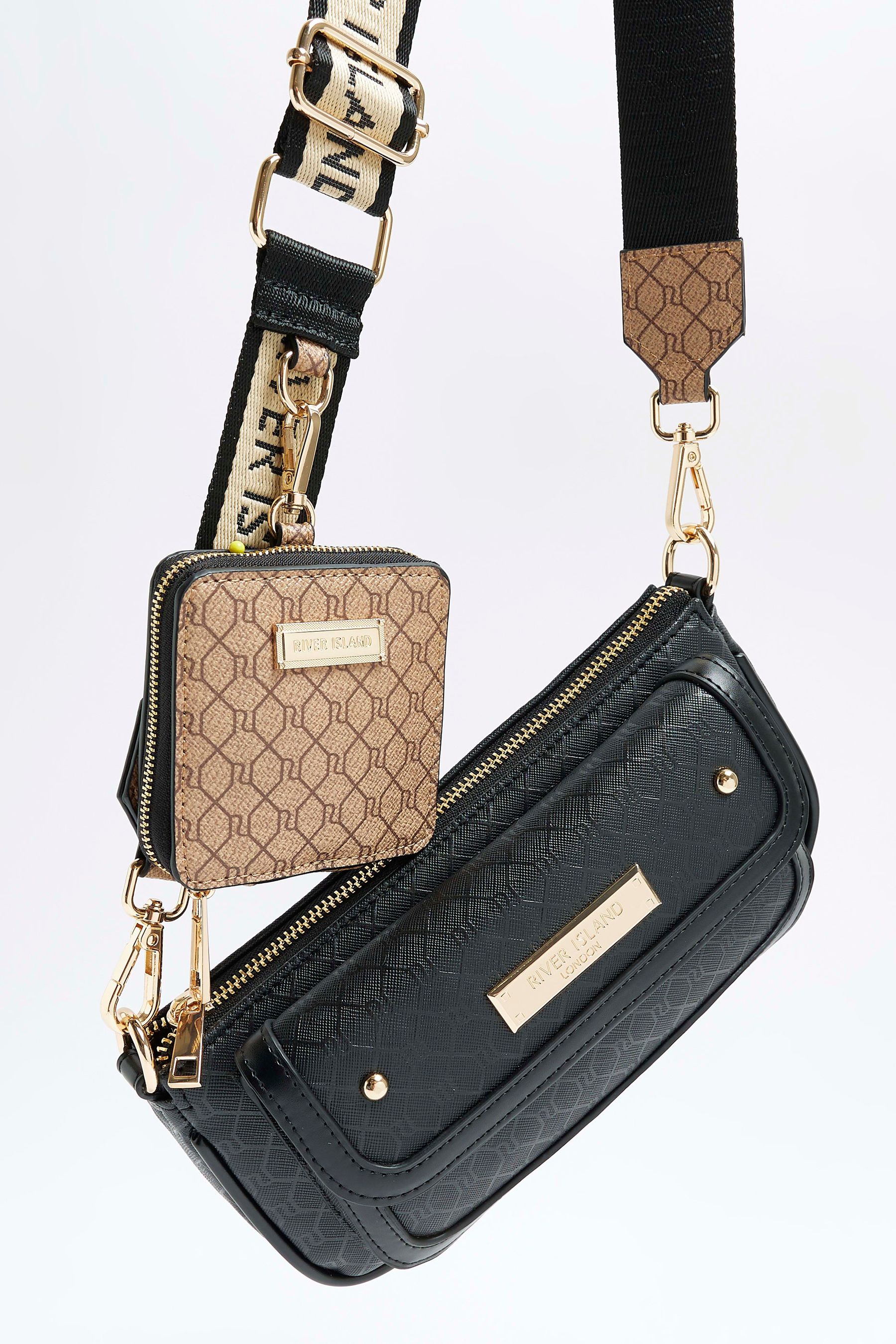 River island black online double pocket messenger bag