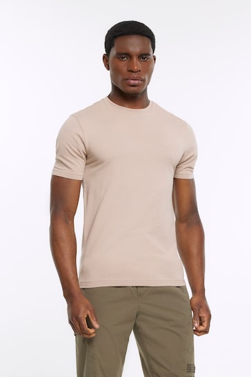 River Island Stone Natural Muscle Fit T-Shirt