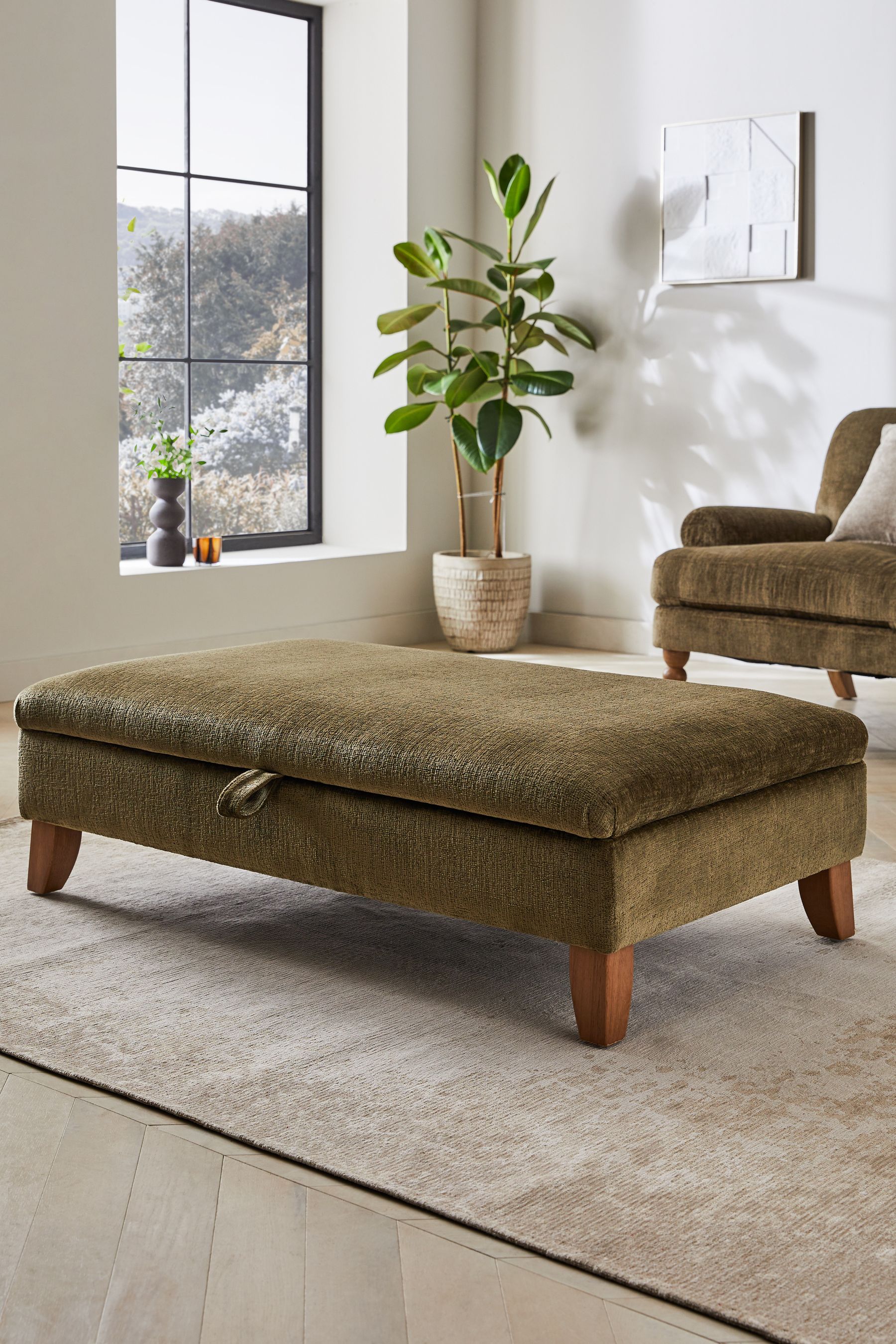 Plush Chenille Moss Green Large with Storage Stools Ottomans