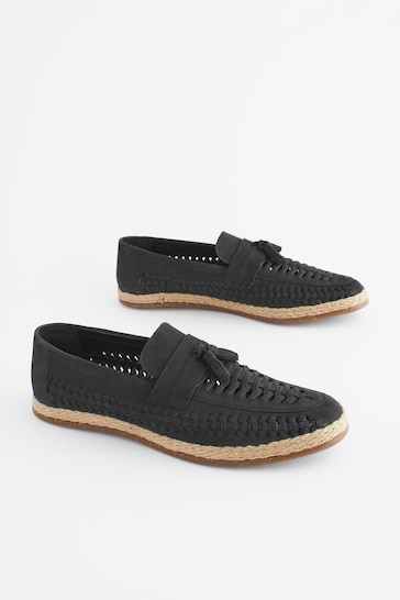 Black Leather Woven Loafers