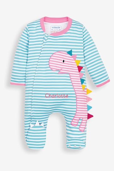 JoJo Maman Bébé Blue/Pink Dino Personalised Appliqué Cotton Zip Baby Sleepsuit