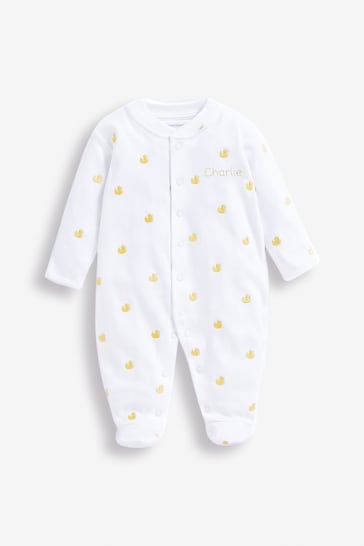 JoJo Maman Bébé Yellow Duck Personalised Embroidered Cotton Baby Sleepsuit
