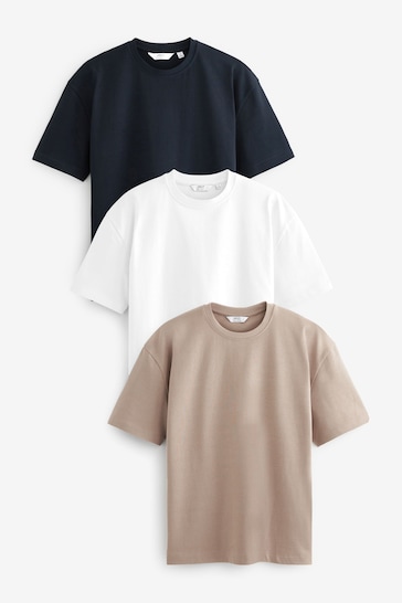Buy White/Navy Blue/Stone Natural Relaxed Fit Heavyweight T-Shirts 3 Pack from the Next UK online shop
