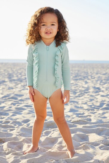 Blue Long Sleeve Textured Frill Swimsuit (3mths-7yrs)