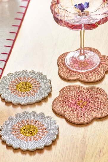 Set of 4 Pink Floral Beaded Coasters
